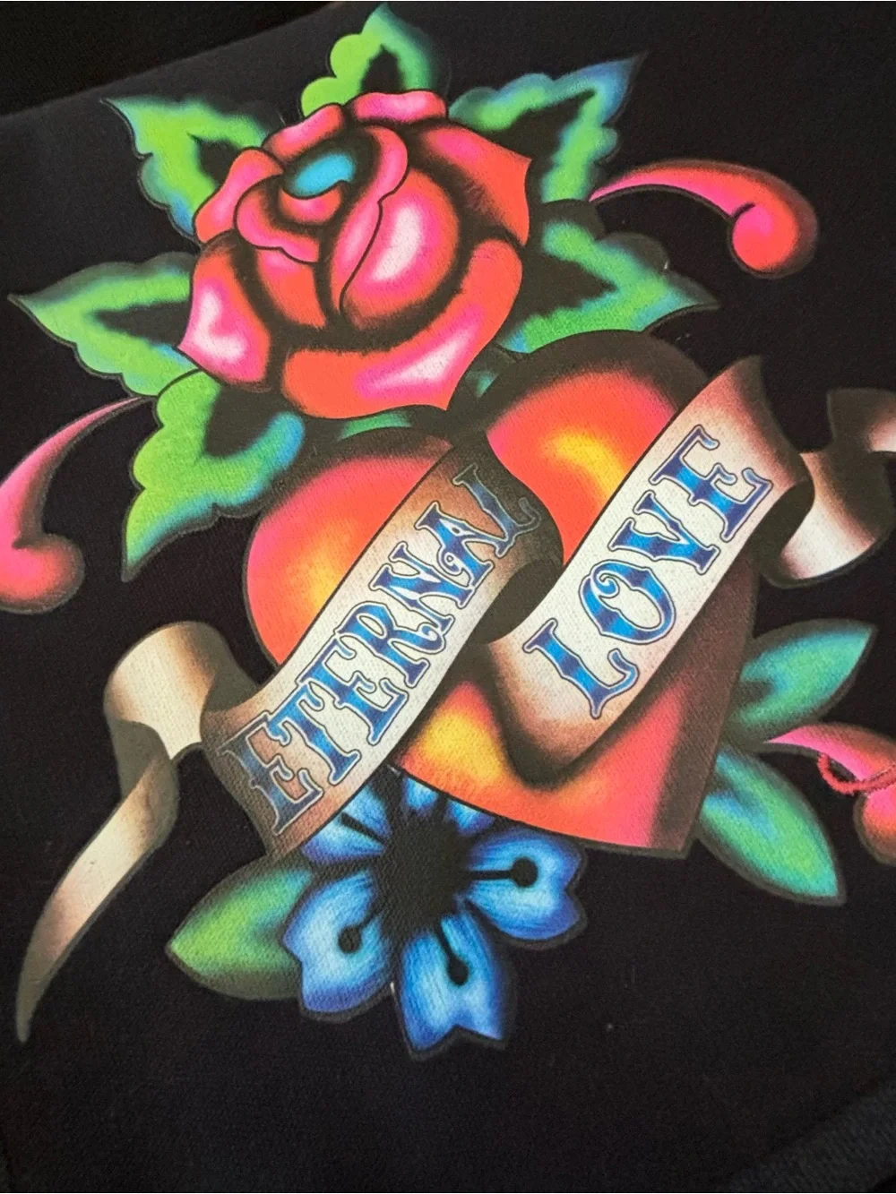 Ed Hardy Black Messenger Bag with Colorful Tattoo Heart and Rose Graphic